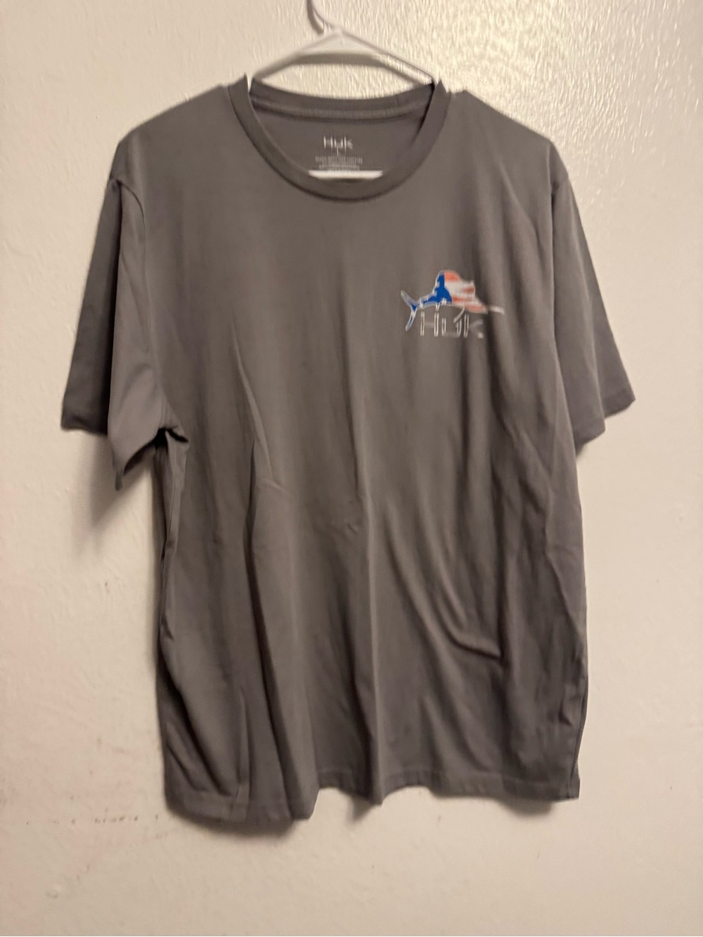 Huk Gray Short Sleeve Performance Tee with Flag Marlin Logo